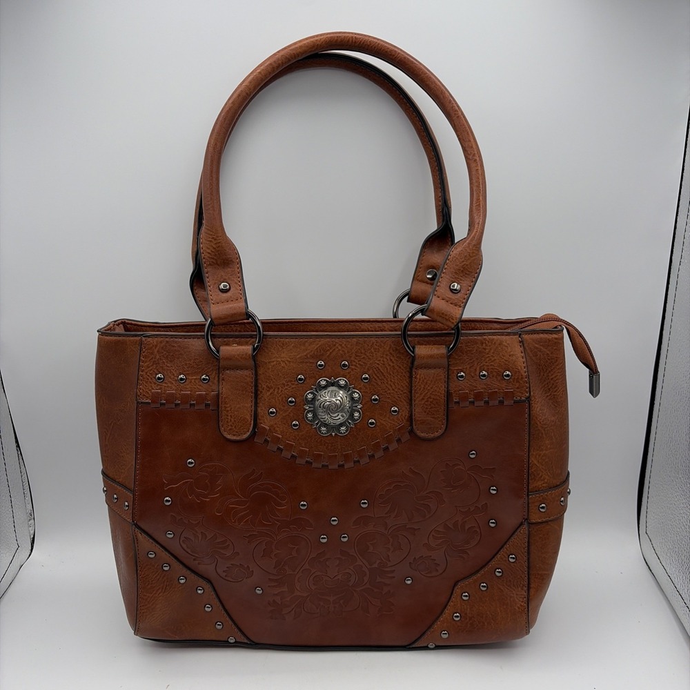Lavawa Women's Tote Bag Vintage Embossed Concho Studs & Brown Purse